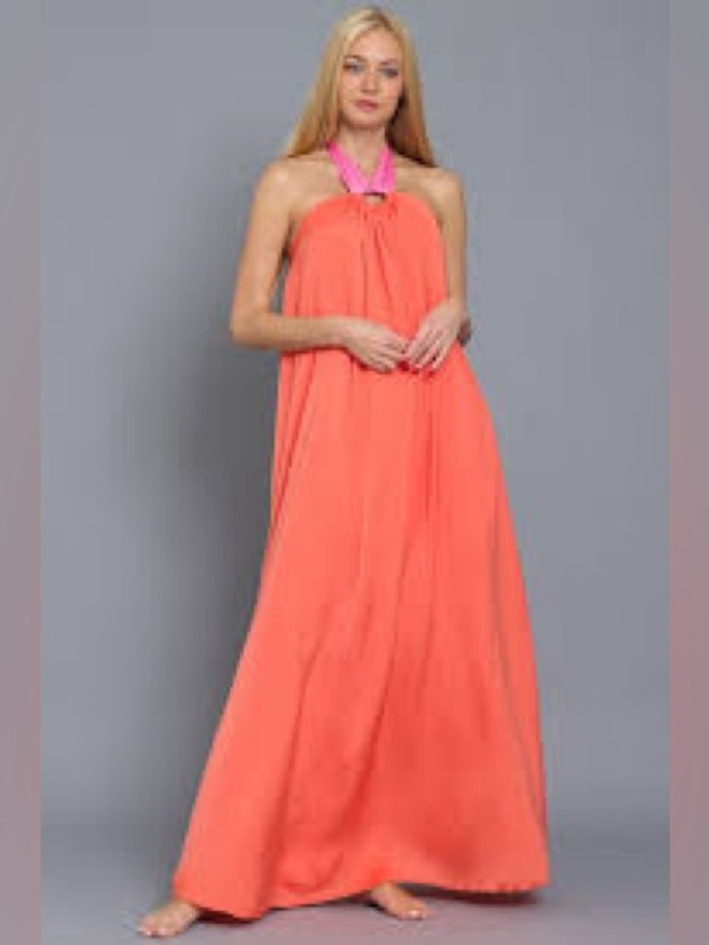 Aakaa McKenna Colorblock Satin Halter Dress Orange Pink Size Small